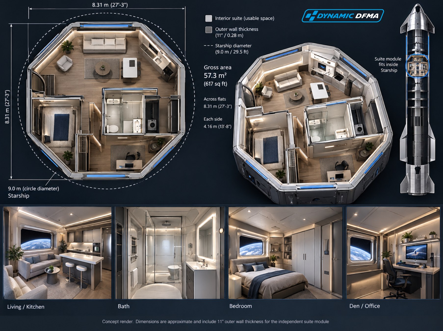 Concept render of an octagonal suite module: plan, cutaway, interiors and how it fits inside Starship